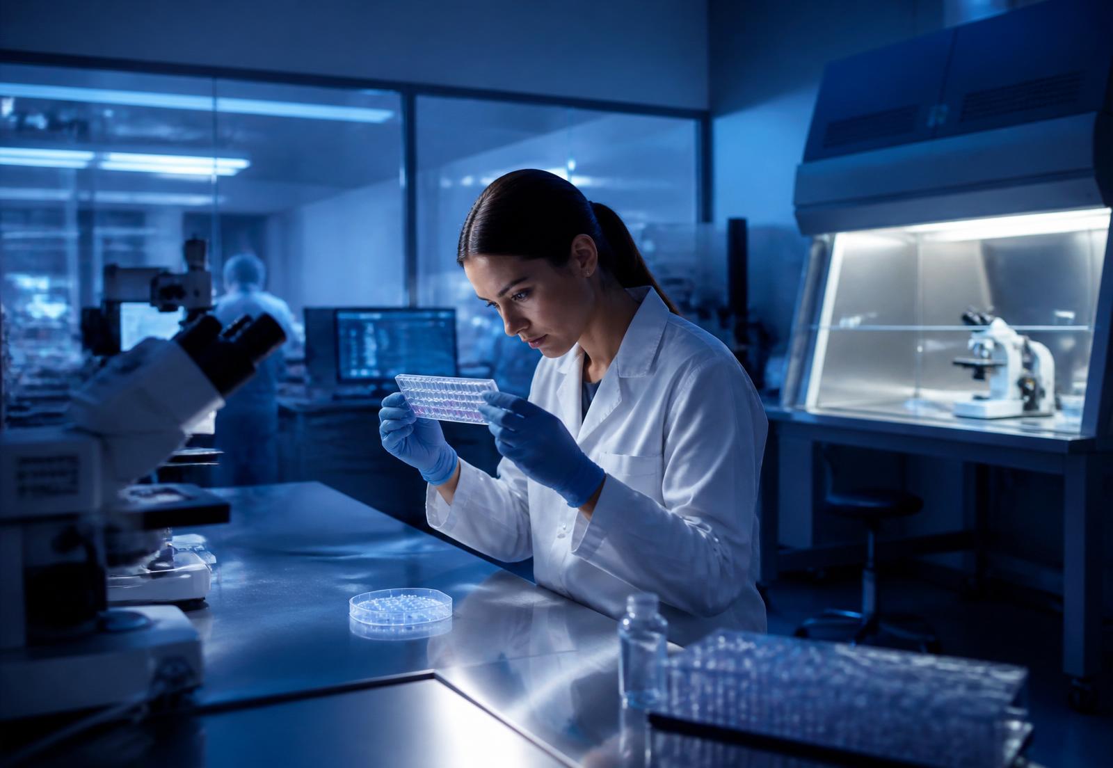 Researcher examining a stem cell culture plate in a sterile laboratory